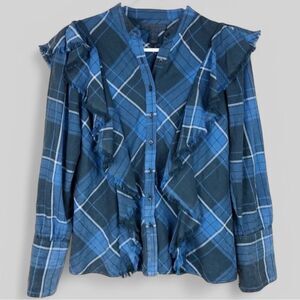 500 Maison Cinqcent Blue Plaid Button Down Shirt Size XS
